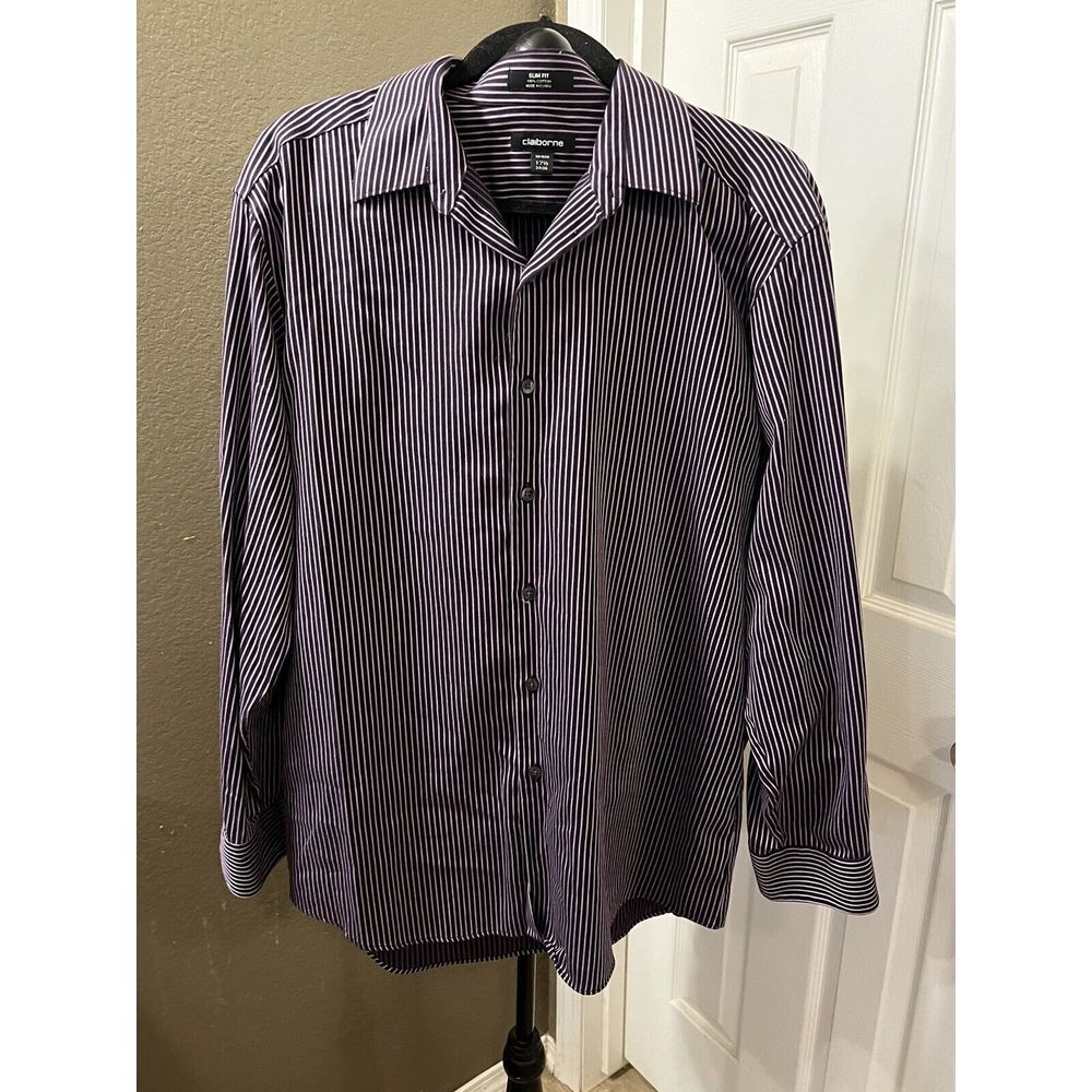 Claiborne Button Up Shirt Mens 17.5 34/35 Purple  Striped‎ Slim Fit Cotton